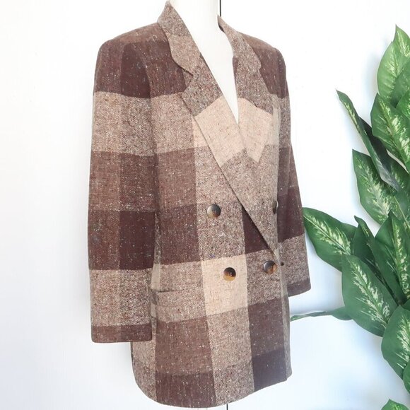 Oleg Cassini Brown & Beige Wool Plaid Checkered Speckled Single Breasted Blazer - Picture 7 of 13